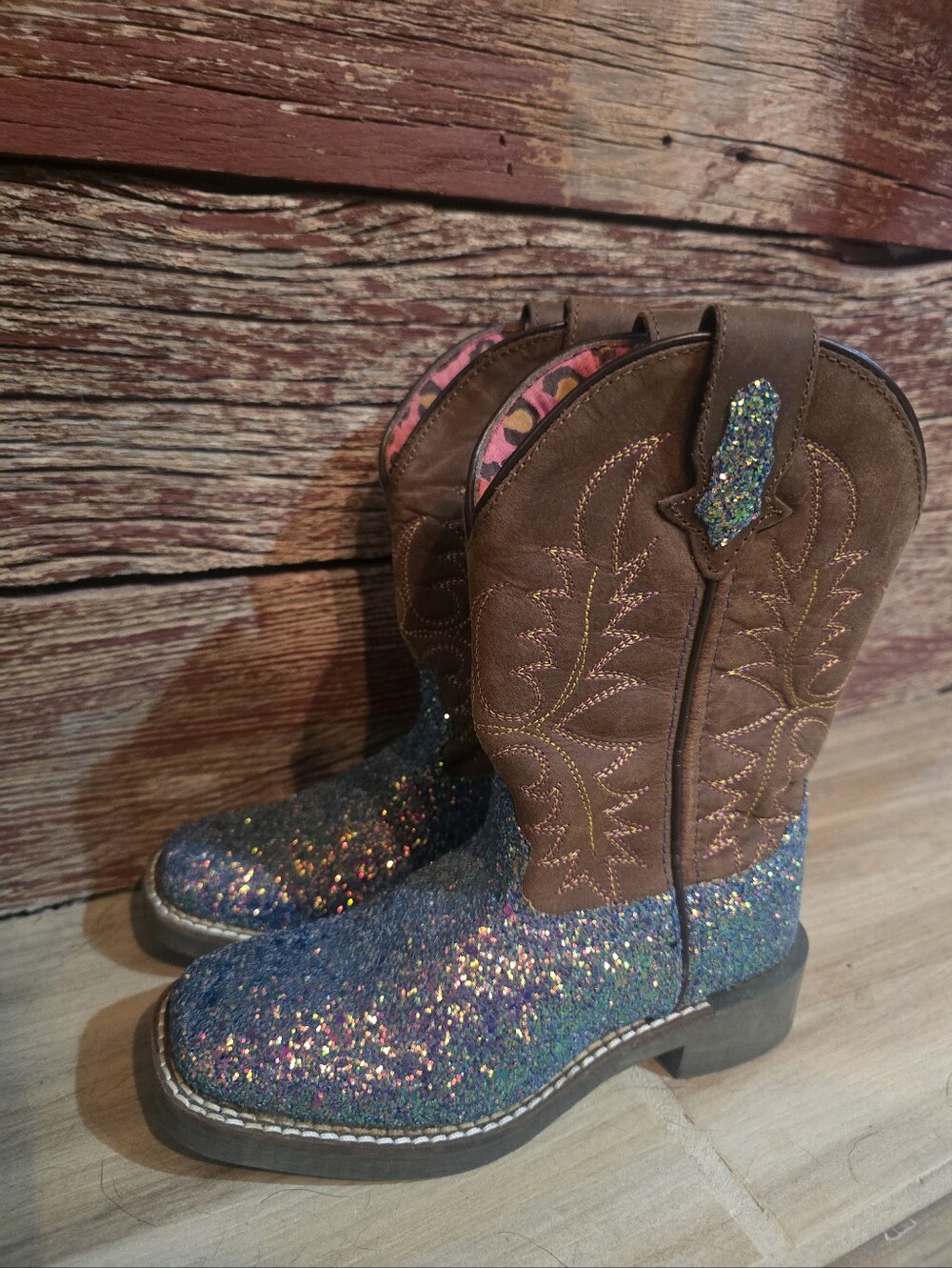 Shyanne Brown Shaft Blue Glitter Kid's Western Cowgirl Boots Sz. 13 Like New